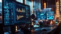 Financial data displayed on multiple computer screens in a dark room Royalty Free Stock Photo