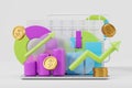 Financial data with pie chart, rising arrows and floating coins and laptop Royalty Free Stock Photo