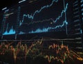 Financial data screen displaying multiple line and bar graphs tracking market trends Royalty Free Stock Photo