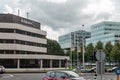 Financial district at the Amsterdam Bijlmer, Modern office buildings, business district Amsterdam Arena park, Southeast, moody clo Royalty Free Stock Photo