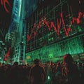 In the financial district, the stock market graph fluctuates wildly, AI generated