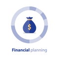 Financial diversification, budget plan, circle diagram, money bag, savings account, vector icon Royalty Free Stock Photo