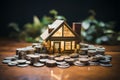 Financial dreams Money and house model on wooden background, banking concept