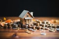 Financial dreams Money and house model on wooden background, banking concept