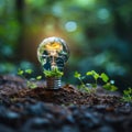 Financial ecology Light bulb, globe, and small tree symbolize business energy