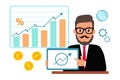 Financial expert, male financier with laptop, growing graph and business icons. Illustration, business and finance concept