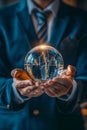 Financial forecasting, budgeting. Man with crystal ball and stock market chart inside predicting economic future. Stock Royalty Free Stock Photo