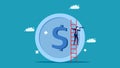 Financial forecasts and visions. A businessman climbs a ladder on a silver coin with a telescope for vision Royalty Free Stock Photo