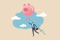 Financial freedom or financial independence concept, wealthy rich businessman floating high in the sky with piggy bank balloon