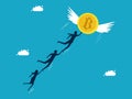 Financial freedom from investing in digital coins. Businessman employee flying with bitcoins. investment concept Royalty Free Stock Photo