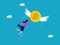 Financial freedom from investing in digital coins. Businesswoman flying with bitcoins. investment concept