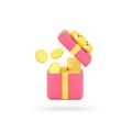 Financial gift box open present surprise full of golden cash coin money stack 3d icon vector Royalty Free Stock Photo