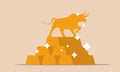 Financial gold bull and positive investment to trading price. Business force to currency money vector illustration concept. Coin