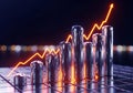 Financial growth chart with cylindrical bars and upward trending line in vibrant orange Royalty Free Stock Photo