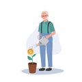 Financial Growth and Contentment. Happy Senior Citizen Watering Money Plant. Flt vector cartoon illustration