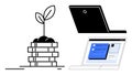 Financial growth represented by plant sprouting from coins with laptops symbolizing digital economy Royalty Free Stock Photo