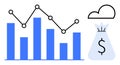 Financial growth statistics with bar graph, line chart, cloud storage, and money bag icon representing analytics Royalty Free Stock Photo