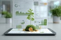 Financial growth symbolized by a plant, cryptocurrency, and technology on a tablet Royalty Free Stock Photo