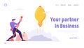 Financial Idea Strategy Realization Website Landing Page. Businessman Launch Light Bulb in Shape of Rocket Push Lever