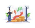 Financial illustration 3D vector. Characters investing money in stock market. People analyzing financial graphs, stock