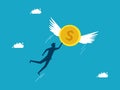 Financial independence. Inflation. Businessman flying with flying coins. Business and investment concept Royalty Free Stock Photo