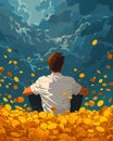 Financial Independence Through Passive Income: Artful Depiction of a Man in a Coin Pile