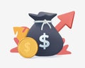 Financial independence with sack of money golden coin and dollar symbol 3d icon vector illustration. Richness, savings.