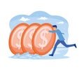 Financial Instability Concept. Male Character Pushing A Row Of Oversized Falling Coins.