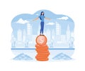 Financial Instability Concept. Woman Balancing On Coin, Financial Planning, Investing.