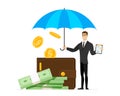 Financial insurance and protection guarantees concept. Wallet with money under umbrella holds businessman. Cash Royalty Free Stock Photo