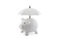 Financial insurance. White piggy bank with umbrella isolated on white Royalty Free Stock Photo