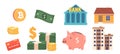 Financial Items Bank and Realty, Cryptocurrency, Credit Card, Piggy Bank, Banknote and Coins Cartoon Vector Illustration