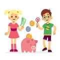 Financial literacy of children concept. Kids saving money with piggy bank Royalty Free Stock Photo