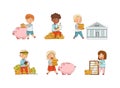 Financial Literacy with Little Kids Having Money Saving Vector Set Royalty Free Stock Photo