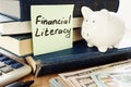 Financial Literacy written on a stick and piggy bank as savings symbol.