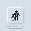 Financial losses icon. Falling bag with dollar in trash. Big expenses, money deduction, maintenance costs. Do not waste money. Royalty Free Stock Photo