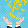 Financial luck, gold coins fall into the hands raised Royalty Free Stock Photo