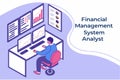 Financial management system analyst working at a desk with multiple screens displaying data analytics and charts in a modern Royalty Free Stock Photo