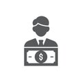 Financial Manager. Money management icon with research sign, explore, find, inspect symbol Royalty Free Stock Photo