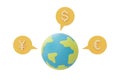 Financial Markets and Global Economy Concept,Globe with yen, yuan,dollar,euro coin,currency exchange rate increase statistic,3d