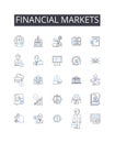 Financial markets line icons collection. Stock exchange, Investment vehicles, Capital markets, Mtary economy, Cash