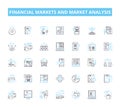 Financial markets and market analysis linear icons set. Stocks, Bonds, Commodities, Investments, Trading, Derivatives