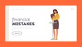 Financial Mistakes Landing Page Template. Poor Bankrupt Woman Shake Out Last Coins from Empty Wallet Vector Illustration