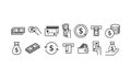 Financial operations with cash credit cards and ATMs icons set isolated on white background. Vector EPS 10