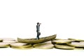 Financial opportunity concept illustration. Businessman using binocular telescope sail with boat above coin money