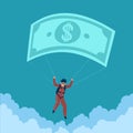 Financial parachute. Money allowance. Investment protection and insurance. Man skydiving and falling down. Person flying