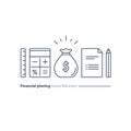 Financial and pension planning, money fund, business project line icons set