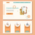 Financial plan flat landing page website template. Swot analysis, product discription, enterpreneurship. Web banner with