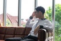 Financial problem concept. Young smart businessman has financial status depressed and anxious about cashflow and financial