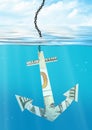 Financial problems concept, sinking anchor made of money Royalty Free Stock Photo